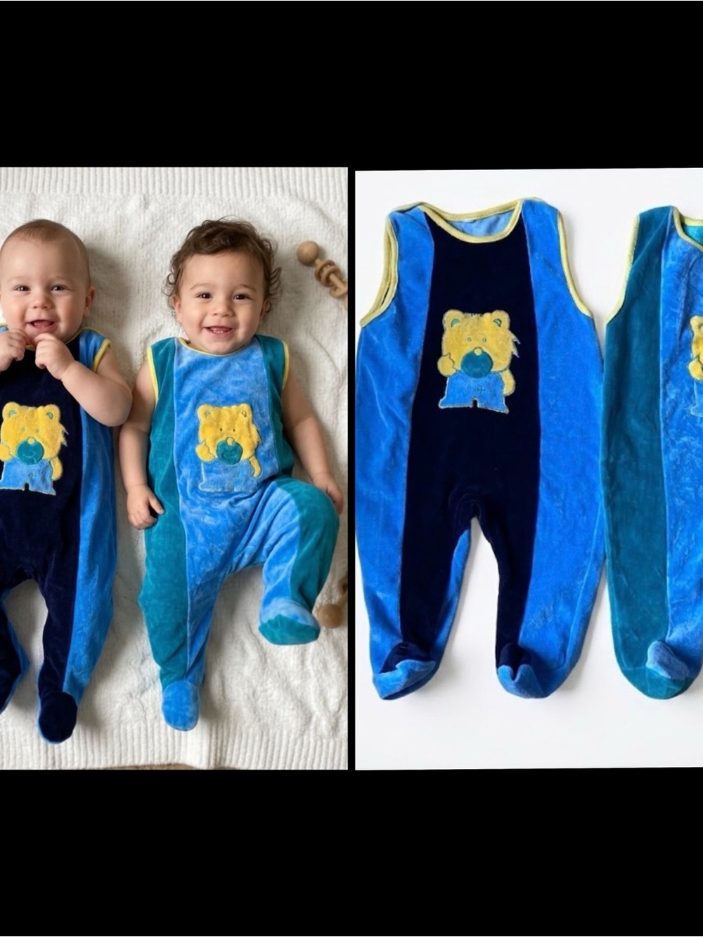 2 Vintage Blue Plush Sleeveless Infant Bear Footed Romper Sleepers 12/18 Months